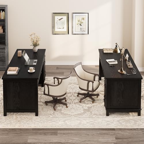 GarveeHome Farmhouse Executive Desk with Drawers, 53.54 in Home Office Desk with Charging Station, Wooden Computer Desk with File Cabinet Storage for Work Study Writing, Rustic Black - Image 4