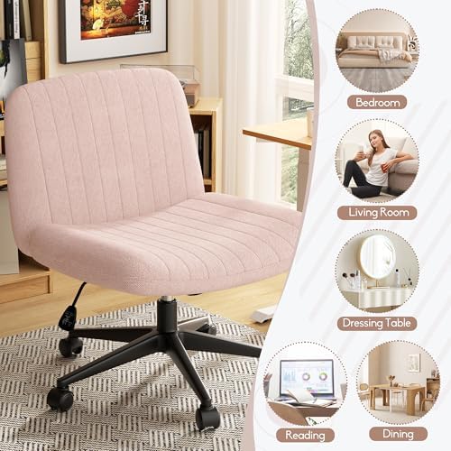 SUNLEI Cross Legged Office Chair with Wheels, Armless Wide Chair's for Vanity Desk, Criss Cross Comfy Chairs with Back, Desk Chair/s of Height Adjustable Swivel, Pink - Image 5