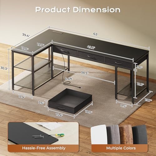 PRAISUN 63 Inch L Shaped Office Desk with Power Outlets and Type-C Port, Large Computer Gaming Desk with 3 Fabric Drawers, Mesh Shelves, Corner Study Work Writing Desk, Black - Image 3