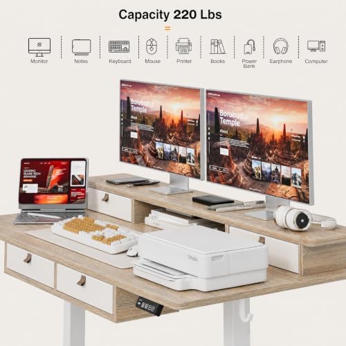 Grandder Electric Standing Desk with Four Drawers, Sit to Stand Up Height Adjustable Desk with Storage Shelf for Home Office, 55 * 28 Inch, Study, Ergonomic Adjustable Computer Desk, Maple - Image 3