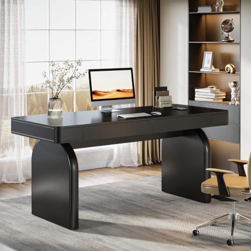 Tribesigns Black Desk with Drawers, 63-Inch Modern Elegant Glossy Executive Office Desk, Simple Work Study Writing Table for Home Office, Black by Tribesigns