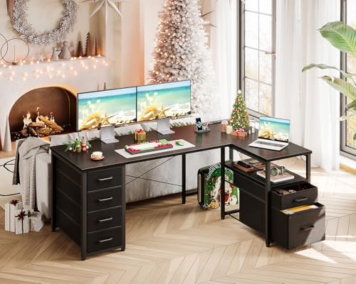 Coleshome 55 Inch L Shaped Office Desk with 6 Drawers, Power Outlet, Black - Image 4