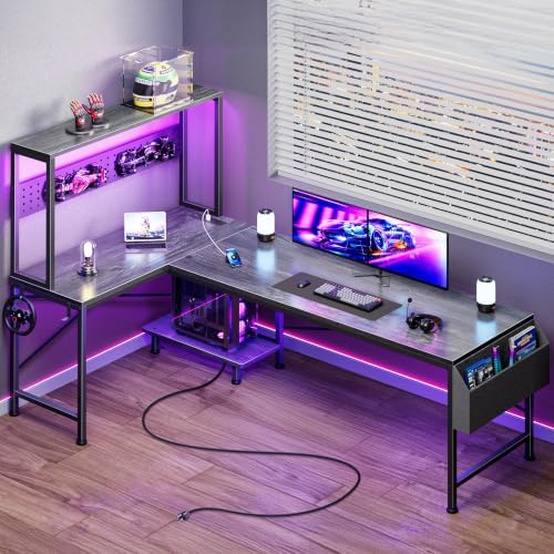 PRAISUN L Shaped Gaming Desk with LED Lights & Power Outlets by PRAISUN