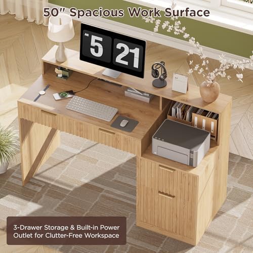 Vabches Fluted Computer Desk with Power Outlets, Home Office Desk with Drawers, Printer Stand, Wood Computer Desk with Long Monitor Stand, Oak - Image 5