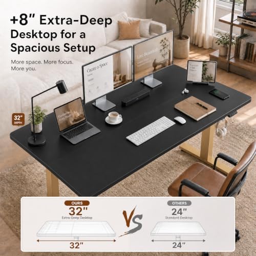 Grandder 55x32 Extra-Deep Electric Standing Desk, Wide Desktop Fits 49" Ultrawide Monitor+Dual Screens, 176 lbs Capacity, 2 Memory Presets, Anti Collision, Computer Desk, Black Top&Gold Frame - Image 5