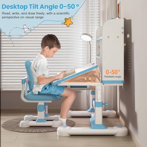 Kids Desk and Chair Set - Height Adjustable Crank Study Desk (Blue) - Image 4