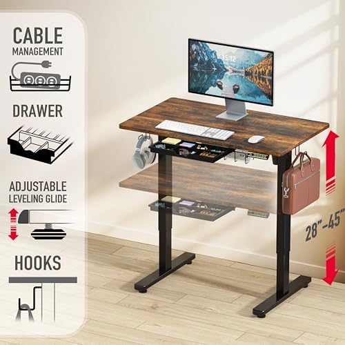 SHW 40-Inch Electric Height Adjustable Standing Desk w/Drawer, Rustic Brown - Image 3