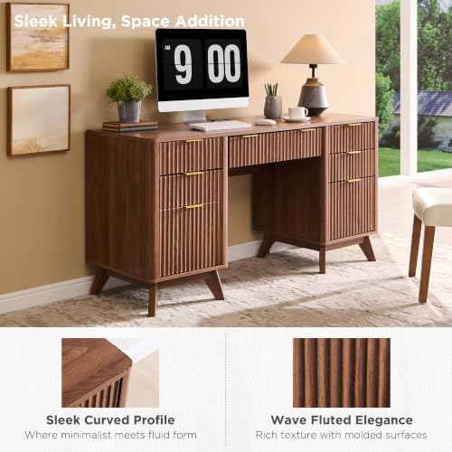 T4TREAM 60" Modern Fluted Executive Desk with Drawers, Light Walnut - Image 3