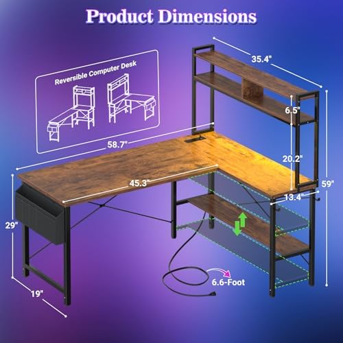 Aheaplus 59" L Shaped Desk Gaming Desk with LED Light & Power Outlet - Image 3