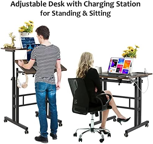 Hadulcet Mobile Standing Desk with Wheels, Rolling Desk Adjustable Height, Portable Laptop Table with Charging Station, Sit Stand up for Home Office, Study, Classroom, Rustic Brown - Image 3
