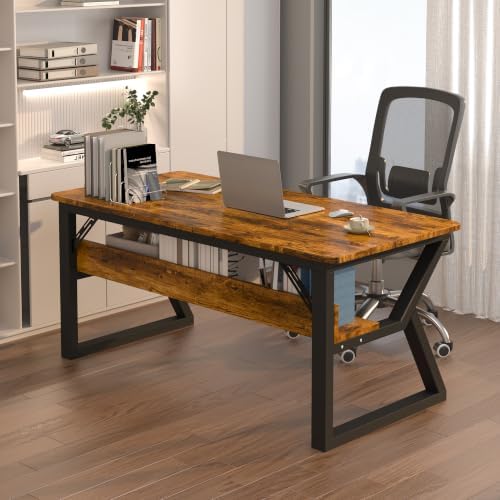 Computer Desk, Office Desk with Storage(55 x 19.7 in, Rustic Brown) - Image 2
