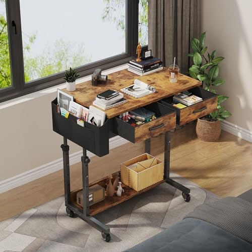 Small Portable Standing Rolling Desk - 32 Inch Adjustable Mobile Stand Up Teacher Desks with 2 Fabric Drawers on Wheels, Couch Sofa Side Laptop Table with Storage for Bedroom Home Office, Rustic Brown - Image 2