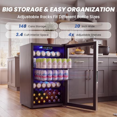 20" Beverage Refrigerator Cooler, 3.4 Cu. Ft. Drink Fridge with Glass Door - Image 3