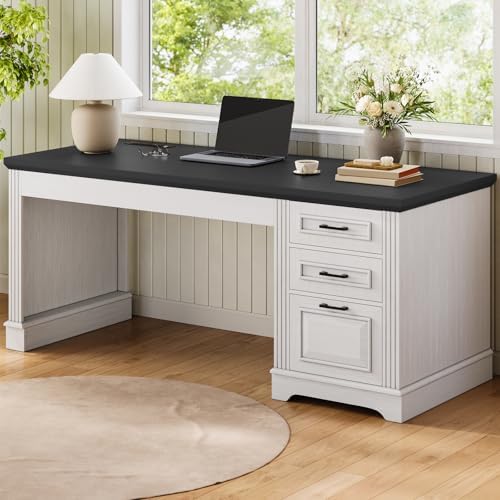Itaar Farmhouse 55" Executive Desk, Computer Desk with Storage Drawers and Power Outlet, Home Office Desk, Workstation for Office Home, White by Itaar