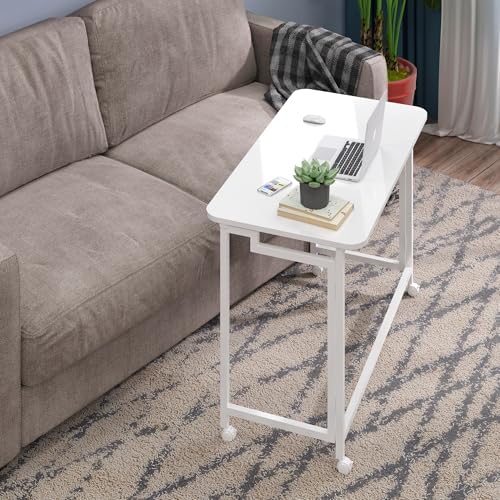 4NM 27.5" Mobile Small Rolling Computer Desk, Folding Laptop Cart Table with Wheels, Portable Office Desk for Small Space Couch Bed - All White - Image 4