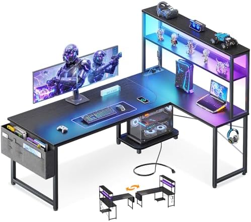 ODK 53" L Shaped Gaming Desk with Shelves, LED & Outlets, Black by ODK
