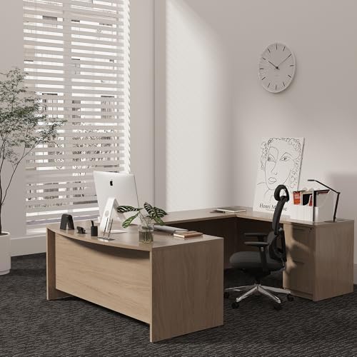 66.93'' U-Shaped Executive Office Desk with Locking File Cabinets, Commercial-Grade Workstation with Cable Management, Heavy Duty Executive Office Furniture, Lime - Image 2