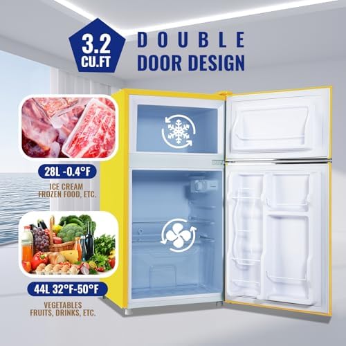 WANAI Compact Mini Refrigerator 3.5 Cu.Ft Small Refrigerator with Freezer, Retro Mini Fridge with Dual Door,7 Adjustable Thermostat, Adjustable Shelves For Dorm, Office Bedroom, Yellow - Image 2
