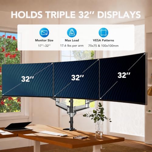 HUANUO Gaming Triple Monitor Stand, Full Motion Articulating Triple Monitor Mount Fit 17 to 32 inch Flat/Curved LCD Computer Screens with Clamp, Grommet Kit, Silver - Image 2
