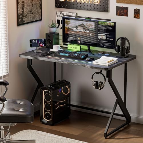 Grandder Gaming Desk Z Shaped 40 Inch Gamer Workstation, Home Computer Carbon Fiber Surface Gaming Desk PC Table with Headphone Hook, Carbon Fiber Black - Image 2