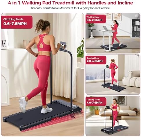 Small Treadmill for Home, Walking Pad Treadmill with Incline and Handle Bar, 3.0HP Electric Under Desk Treadmill for Small Space, 0.6-7.6MPH Portable Mini Exercise Treadmills, 350LBS Capacity - Image 2
