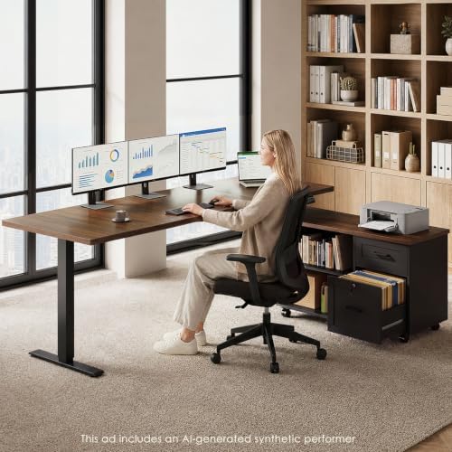 OffiGo 71" L Shaped Electric Standing Desk with Cabinet Sets, Walnut/Black - Image 3