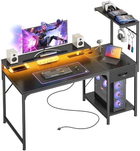 PRAISUN 47.2 Inch Gaming Desk with LED Lights & Power Outlets by PRAISUN