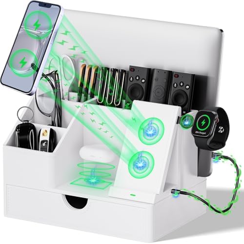 Sleek White PU Leather Charging Station with Drawer - 6-in-1 Multi-Device Desktop Organizer Docking Hub for iPad, Tablet, Laptop, Phone, Watch, Office Home Gift Idea by LADSTAG