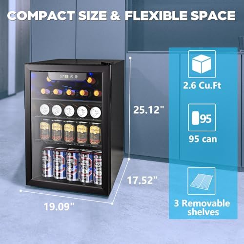 Electactic 2.6 Cu.ft Beverage Refrigerator Cooler, 95 Can Mini Fridge Glass Door with Adjustable Shelves, Digital Temperature Display, Freestanding Small Drink Fridge for Home, Office or Bar(Black) - Image 3