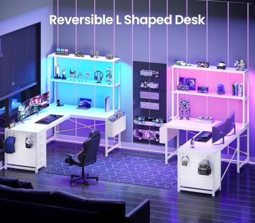 SEDETA L Shaped Gaming Desk, 51.2" Reversible Small Corner Desk with 4 Drawer, Power Outlet & LED Lights, Home Office Desk with Storage Shelves for Small Space, White - Image 3