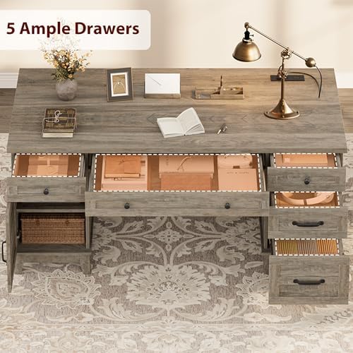 GarveeHome Farmhouse Executive Desk with File Drawers, 60 in Home Office Desk with Charging Station, Wooden Computer Desk with Cabinet Storage for Work Study Writing, Rustic Gray - Image 5