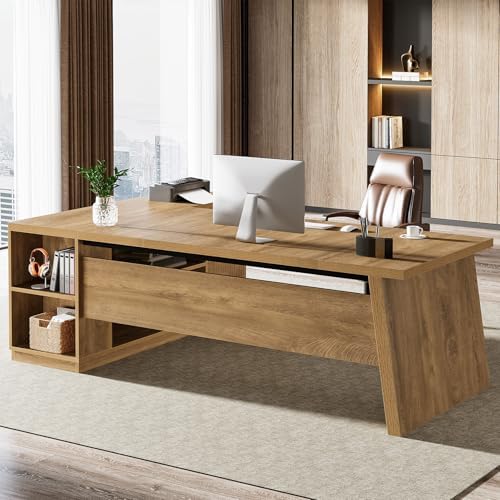 Tribesigns 78" L Shaped Desk with Drawers, Large Executive Office Desk with File Cabinet and Shelves, Modern Corner Computer Table Business Furniture for Home Office, Brown - Image 4