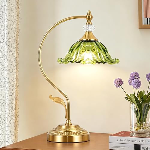 Vintage Floral Table Lamp, Plug in Mid-Century Modern Desk Lamp with Green Glass Shade, Gold Bedside Table Lamp Dimmable for Bedroom Living Room Home Office, E26 Base, UL Listed by EIDEARAYHomeLighting