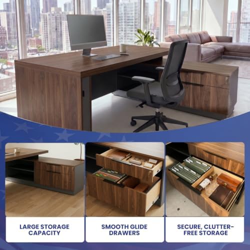 OfficeSimpli L Executive Desk with Drawers, Made in USA, 64x63x30, Walnut - Image 3