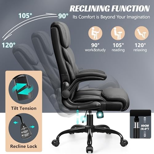 HeroSet Office Chair, Ergonomic Big and Tall Computer Desk Chairs, Executive Breathable Leather Chair with Adjustable Flip-up Armrests, Lumbar Support Swivel PC Chair with Rocking Function,Matte Black - Image 5