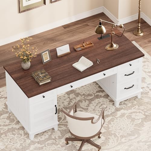 Garvee 60" Wooden Home Office Desk with File Drawers, Executive Desk with Adjustable Cabinet, Farmhouse Wood Desk with Power Outlet, Distressed Study and Work Table, Rustic White - Image 3