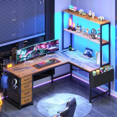 SEDETA L Shaped Gaming Desk, 51.2" Reversible Small Corner Desk with 4 Drawer, Power Outlet & LED Lights, Home Office Desk with Storage Shelves for Small Space, Rustic Brown by SEDETA