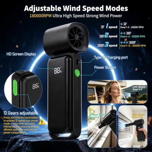 Compressed Air Duster - 180000RPM Powerful Electric Air Duster, 12 Gear Adjustable Cordless Air Blower, Rechargeable Air Dust Cleaner for Keyboard, Computer, Home, Outdoor, Car - Image 3