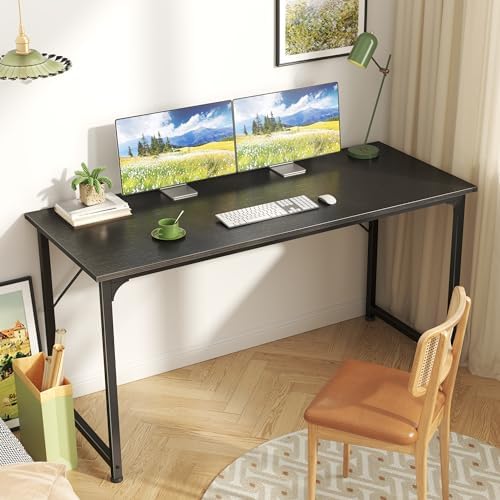 Huuger Computer Desk, 55 Inch Home Office Desk, Gaming Writing Work from Home Study Desk, Large Legroom, Sturdy Metal Frame, Modern Simple, Black - Image 2
