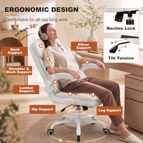 Leather Office Chair, White Computer Desk Chair with Dual Back Support - Image 5