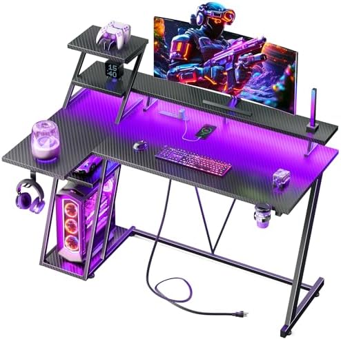 Korfile 47 Inch Gaming Desk with LED & Power Outlet, Carbon Fiber Black by Korfile