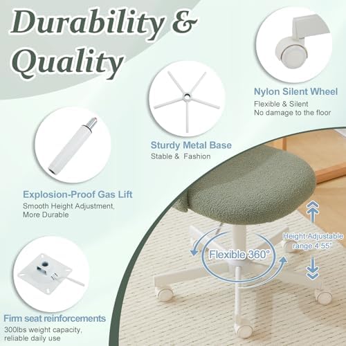 VINGLI Cute Candy Chair Armless Comfy Small Office Desk Vanity Chair with Wheels & Lumbar Support,Teddy Adjustable Rolling Swivel Computer Task Ch for Home Office,Bedroom,MintGreen - Image 3