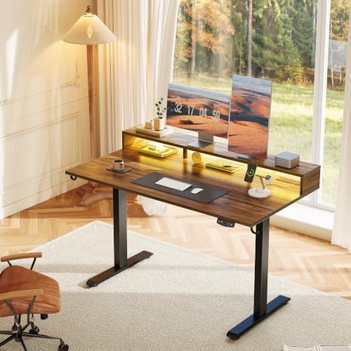 Klicelor Electric Standing Desk with Shelf, 55 Inch Height Adjustable Desk with Power Outlets & LED, Sit Stand Up Table with Monitor Stand, Computer Workstation for Home Office, Dark Walnut - Image 2
