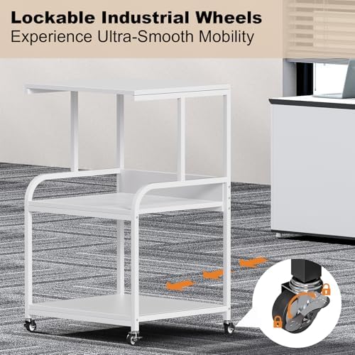 EasyCom Printer Stand- Large 3 Tier Printer Table with Wheels- Industrial Printer Storage Cart- Rolling Printer Cart with Storage Shelf for Printer Scanner Fax Home Office Use- White - Image 4