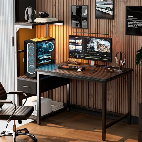 Grandder Gaming Desk 41 Inch with CPU Stand and LED Light, Computer Desk with Reversible Shelves and Storage Drawer, Pc Small Desk for Home Office Table with Bag, Carbon Fiber Black - Image 6