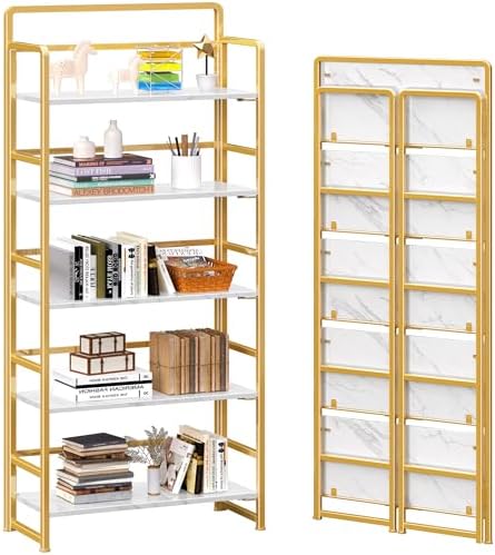 4NM No Assembly 5 Tier Folding Bookshelf Tall Storage Shelves Vintage Bookcase Standing Racks for Bedroom Living Room Home Office by 4NM