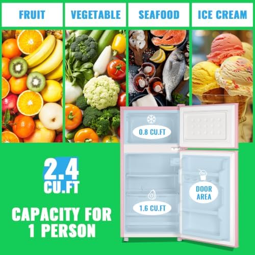 DEMULLER 45L Personal Double‑Door Mini Fridge With Freezer, Pink - Image 2