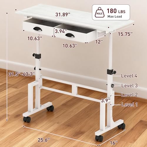 Height Adjustable Standing Desk with 2 Drawers, Small Sit Stand Up Desk with Wheels, Portable Rolling Desk for Walking Pad Treadmill, Computer Office, Adjustable 31.5"-43.3", White, Upgraded Stable - Image 2