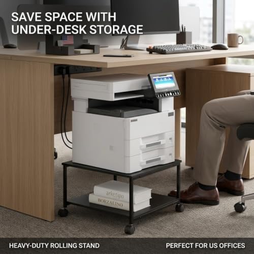 2-Tier Under Desk Printer Stand, 19.5" x 19.5" Large Rolling Printer Cart - Image 6