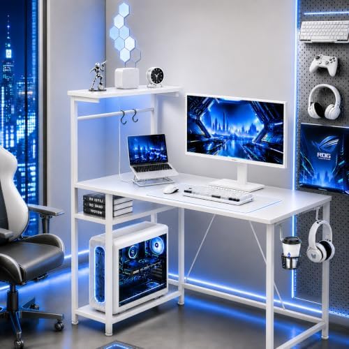 GTPLAYER 43" Gaming Desk with LED Lights, Reversible Shelves, White by GTPLAYER